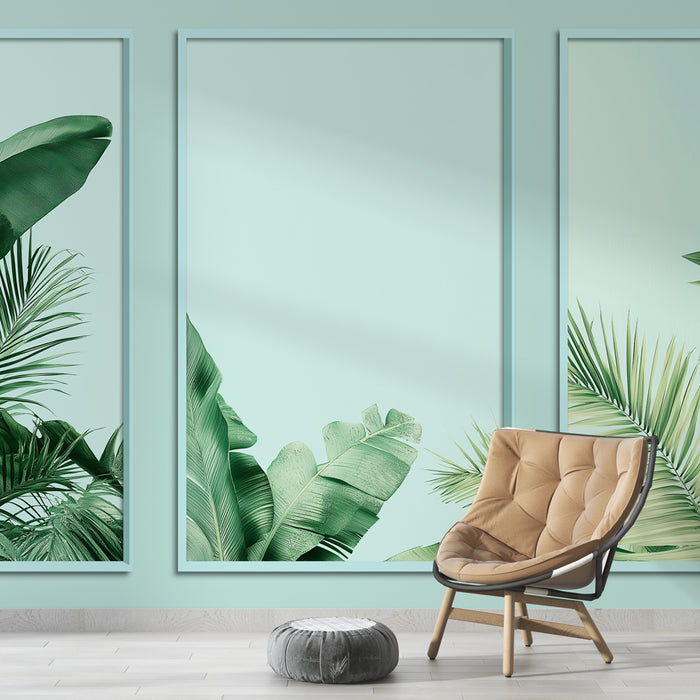 Une pièce moderne avec un papier peint tropical aux motifs de grandes feuilles vertes sur fond bleu clair, créant une ambiance fraîche et apaisante.