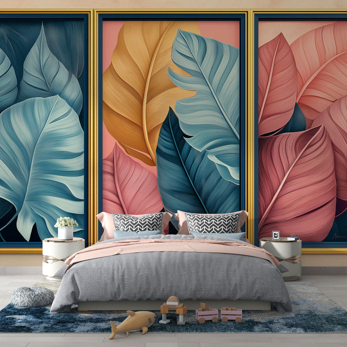 Une chambre moderne avec un papier peint représentant de grandes feuilles colorées dans des teintes douces de bleu, rose et doré, créant une ambiance chaleureuse et tropicale.
