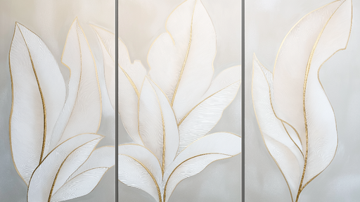 Papier peint imitation tableau Feuilles blanches aux contours dorés sur fond doux