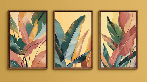 Papier peint imitation tableau Feuilles colorées sur fond jaune pâle