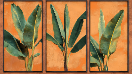 Papier peint imitation tableau Feuilles de bananier sur fond orange éclatant