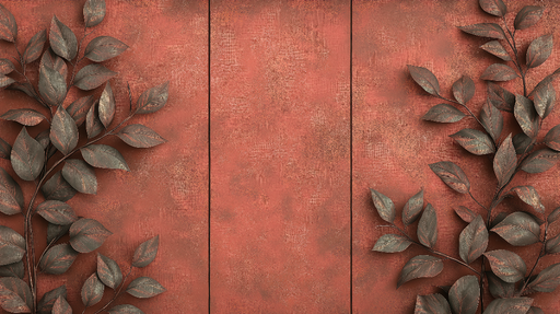 Papier peint imitation tableau Feuilles délicates sur fond rouge chaleureux