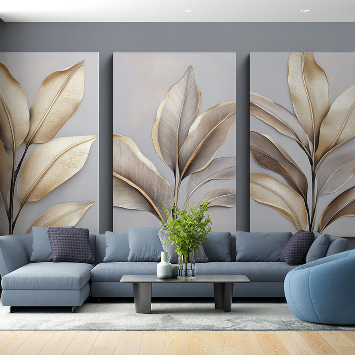 Un salon moderne avec un papier peint représentant de grandes feuilles aux teintes dorées et grises sur fond clair, créant une ambiance élégante et apaisante.