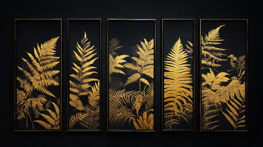 Papier peint imitation tableau Feuilles dorées et fond noir