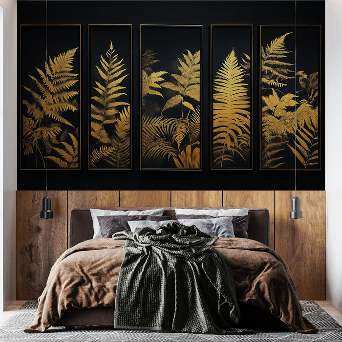 Papier peint imitation tableau | Feuilles dorées et fond noir