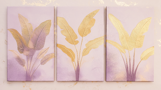 Papier peint imitation tableau Feuilles dorées sur fond lilas élégant