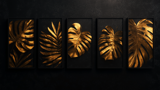 Papier peint imitation tableau Feuilles dorées sur fond noir élégant