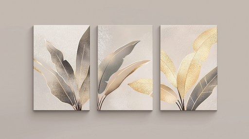 Papier peint imitation tableau Feuilles élégantes en or et gris