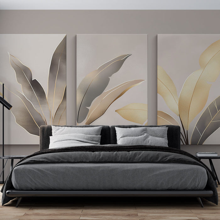 Une chambre moderne avec un papier peint représentant des feuilles élégantes en nuances de beige et doré sur fond doux, créant une atmosphère apaisante et raffinée.