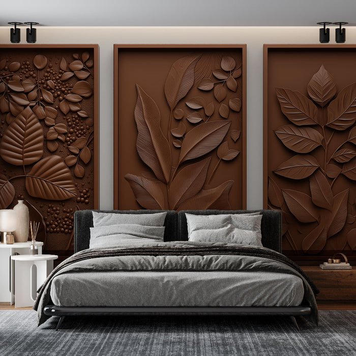 Une chambre moderne avec un papier peint texturé en relief représentant des feuilles brunes, créant une ambiance chaleureuse et naturelle.