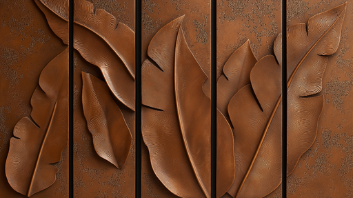 Papier peint imitation tableau Feuilles en relief couleur cuivre sur fond texturé