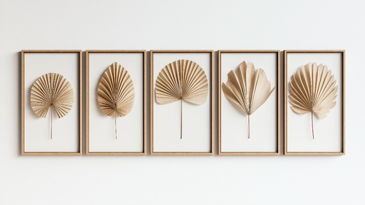 Papier peint imitation tableau Feuilles en relief délicates dans des cadres en bois clair