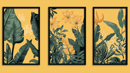 Papier peint imitation tableau Feuilles luxuriantes et fleurs éclatantes sur fond jaune