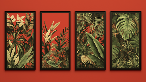 Papier peint imitation tableau Feuilles luxuriantes sur fond rouge éclatant