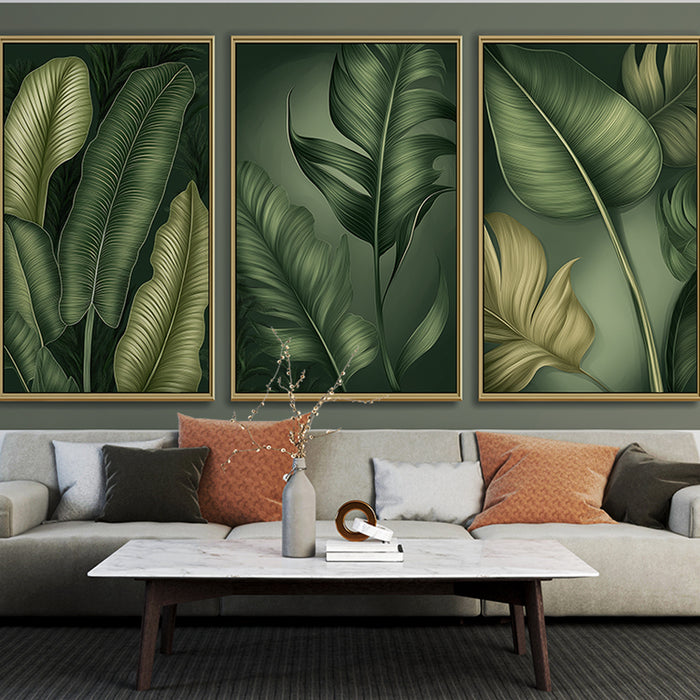 Papier peint imitation tableau | Feuilles luxuriantes sur fond vert
