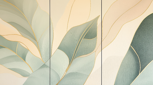Papier peint imitation tableau Feuilles stylisées aux nuances douces et lignes dorées