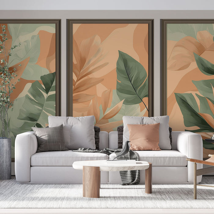 Un salon moderne avec un papier peint représentant de grandes feuilles tropicales sur fond beige, créant une atmosphère chaleureuse et apaisante.