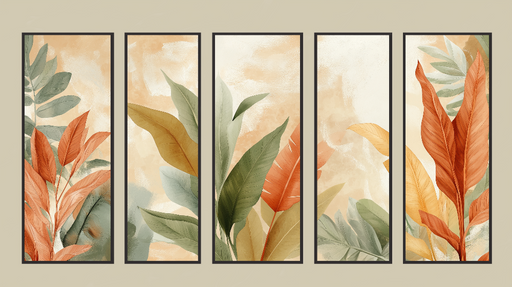 Papier peint imitation tableau Feuilles tropicales aux teintes orangées et vertes