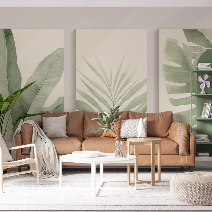 Un salon lumineux avec un papier peint représentant de grandes feuilles tropicales vertes sur fond beige, créant une atmosphère apaisante et naturelle.
