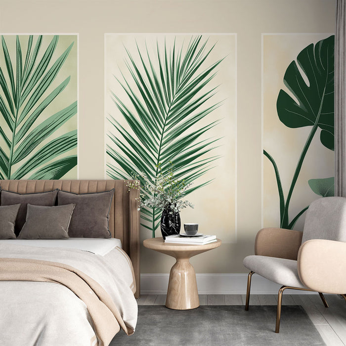 Une chambre moderne avec un papier peint tropical représentant de grandes feuilles vertes sur fond clair, créant une atmosphère apaisante et naturelle.