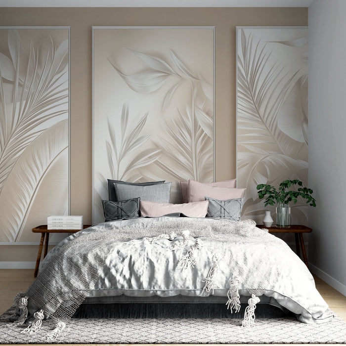 Papier peint imitation tableau | Feuilles tropicales en relief sur fond doux