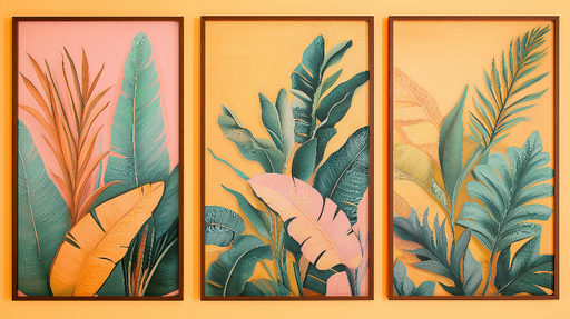 Papier peint imitation tableau Feuilles tropicales en relief sur fond pastel