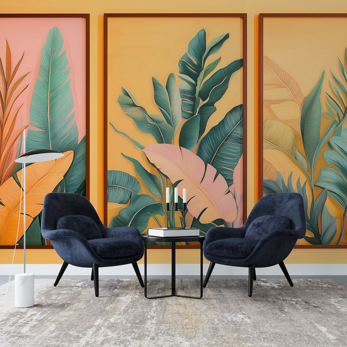 Papier peint imitation tableau | Feuilles tropicales en relief sur fond pastel