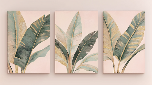 Papier peint imitation tableau Feuilles tropicales stylisées sur fond pastel