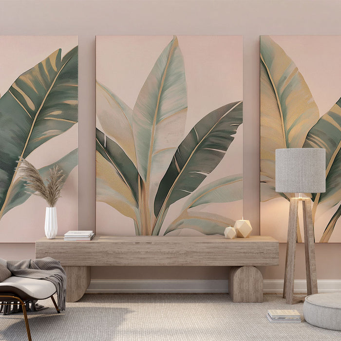 Une pièce moderne avec un papier peint représentant de grandes feuilles tropicales sur fond rose, créant une ambiance apaisante et naturelle.