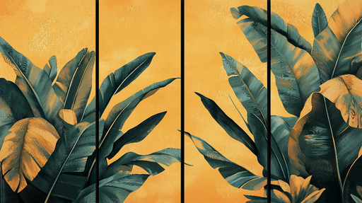 Papier peint imitation tableau Feuilles tropicales sur fond orangé