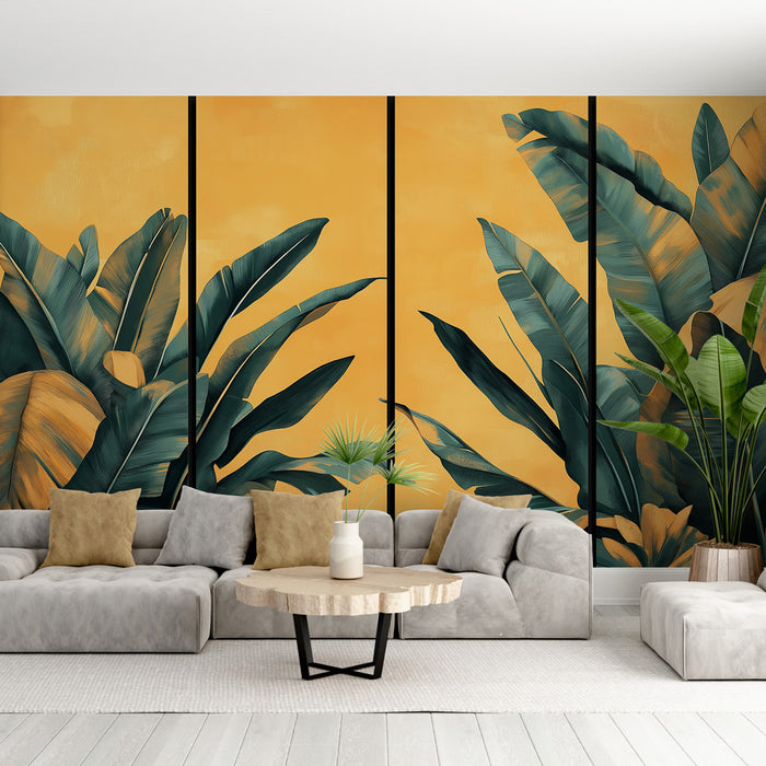 Papier peint imitation tableau | Feuilles tropicales sur fond orangé