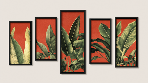 Papier peint imitation tableau Feuilles tropicales sur fond rouge vif