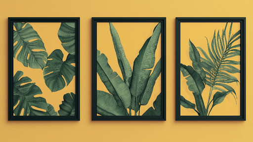 Papier peint imitation tableau Feuilles vertes sur fond jaune vibrant