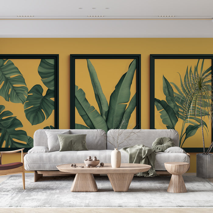 Papier peint imitation tableau | Feuilles vertes sur fond jaune vibrant