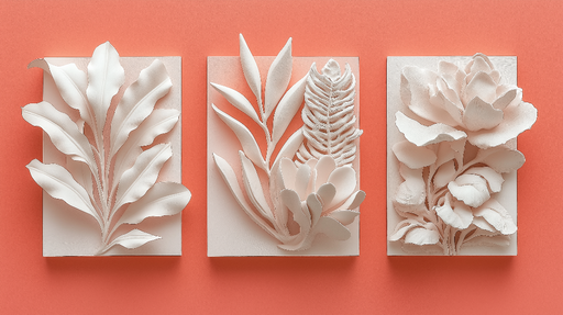 Papier peint imitation tableau Floraison élégante en relief sur fond corail