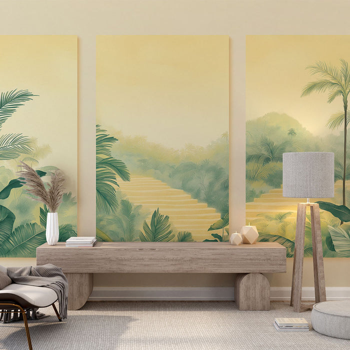 Une pièce lumineuse avec un papier peint tropical aux teintes douces, représentant des feuillages luxuriants et des escaliers s'élevant dans une ambiance sereine et apaisante.
