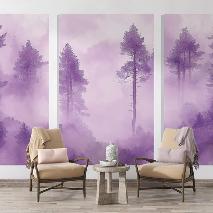 Une pièce lumineuse avec un papier peint aux nuances de violet représentant des silhouettes d'arbres dans un brouillard doux, créant une ambiance sereine et rêveuse.
