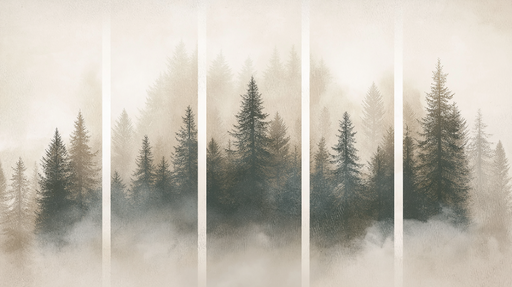 Papier peint imitation tableau Forêt brumeuse avec des silhouettes de pins