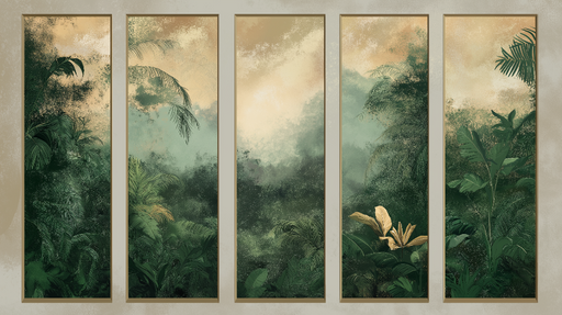 Papier peint imitation tableau Forêt luxuriante avec touches dorées