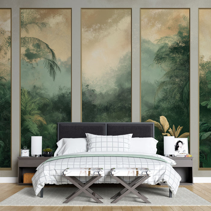 Une chambre moderne avec un papier peint tropical représentant des feuillages luxuriants dans des teintes de vert et des nuances terreuses, créant une atmosphère apaisante et naturelle.