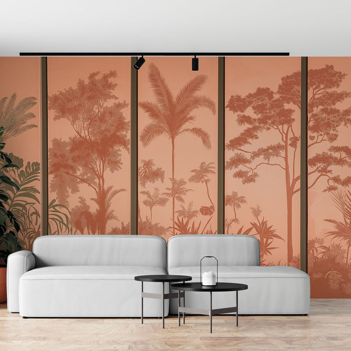 Un salon moderne avec un papier peint tropical aux teintes terracotta illustrant des silhouettes de palmiers et de feuillages luxuriants, créant une ambiance chaleureuse et accueillante.