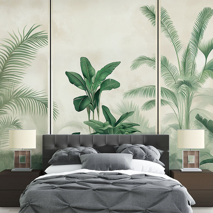 Une chambre moderne avec un papier peint tropical représentant de grandes feuilles vertes sur un fond clair, créant une atmosphère apaisante et naturelle.