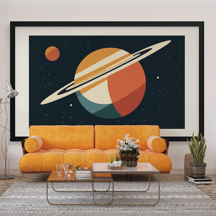 Un salon moderne avec un papier peint illustratif représentant Saturne et une petite planète sur fond noir, créant une ambiance cosmique et ludique.
