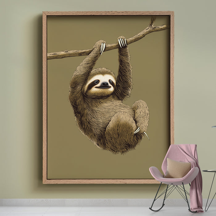 Papier peint imitation tableau | Illustration d'un paresseux suspendu dans un style illustratif