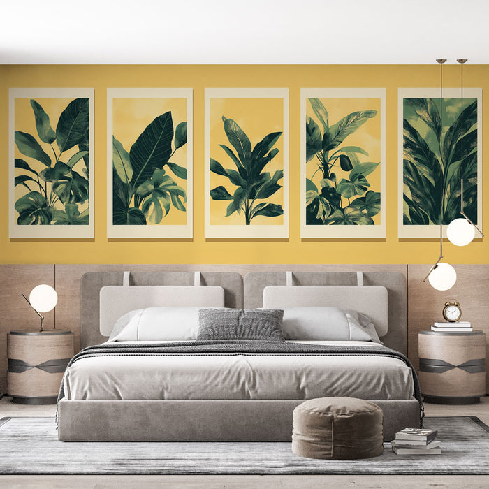 Une chambre moderne avec un papier peint jaune vif mettant en valeur des illustrations de feuillages luxuriants, créant une atmosphère chaleureuse et accueillante.