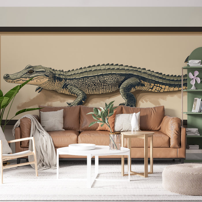 Papier peint imitation tableau | Illustration réaliste d'un crocodile sur fond neutre