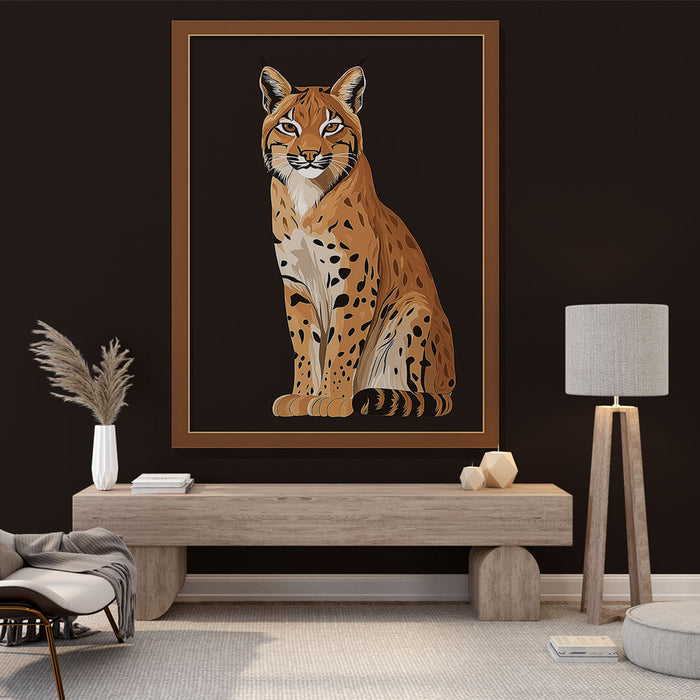 Papier peint imitation tableau | Illustration stylisée d'un lynx assis sur fond sombre