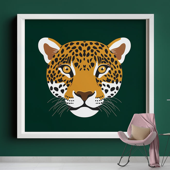 Papier peint imitation tableau | Illustration stylisée d'une tête de léopard sur fond vert