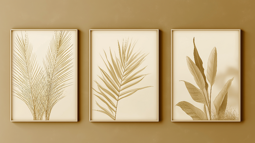 Papier peint imitation tableau Illustrations délicates de feuilles dorées sur fond neutre