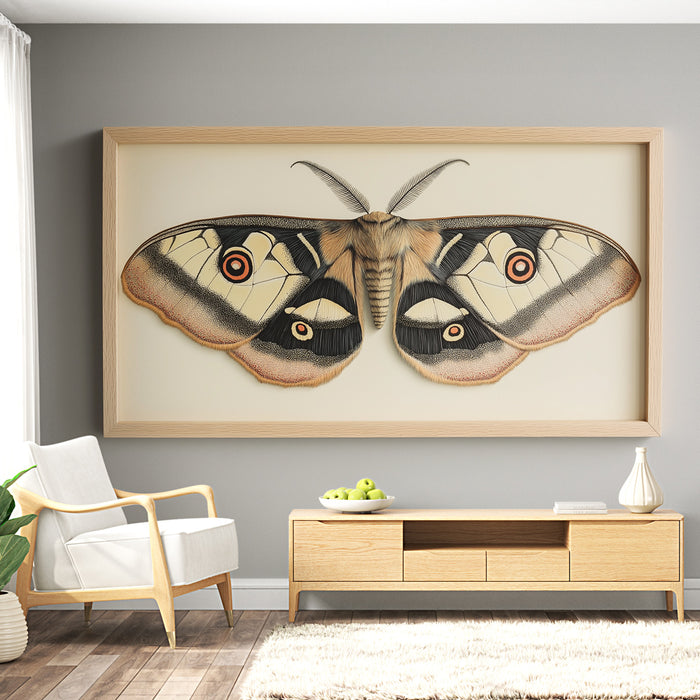 Un salon moderne avec un papier peint illustrant un grand papillon aux teintes naturelles et aux détails raffinés, créant une ambiance artistique et inspirante.